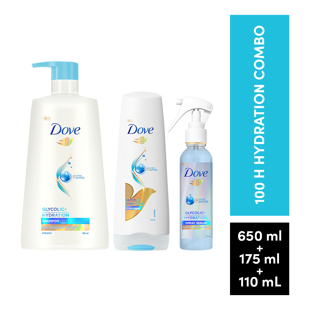 Dove Glycolic Hydration XL Shampoo - 650ml & Conditioner - 175ml & Serum Spray - 110ml