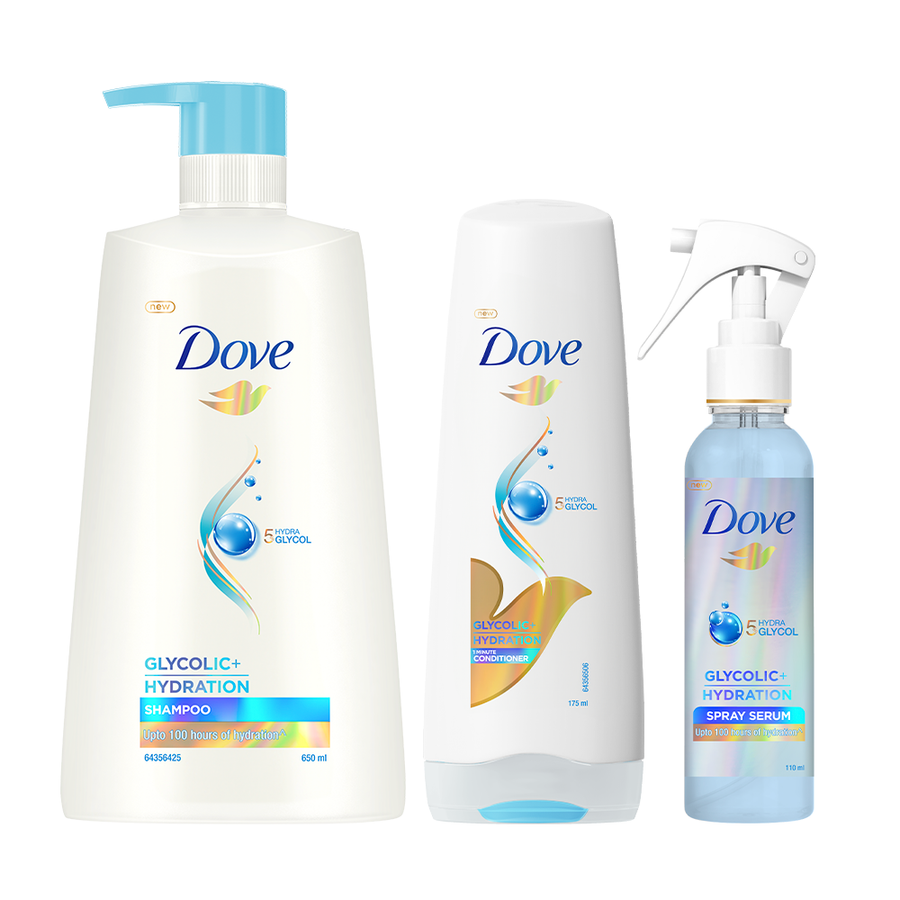 Dove Glycolic Hydration XL Shampoo - 650ml & Conditioner - 175ml & Serum Spray - 110ml