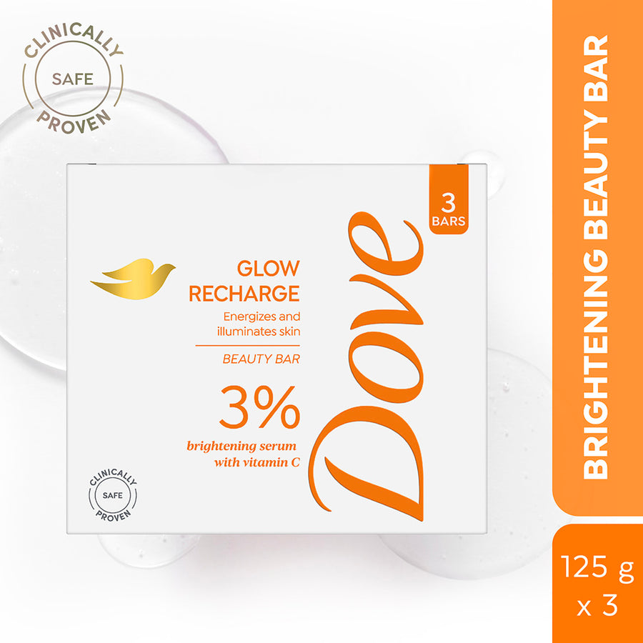 Dove Glow Recharge Exfoliating Beauty Bar with 3% Brightening serum + Vitamin C, 375g (125g x 3)