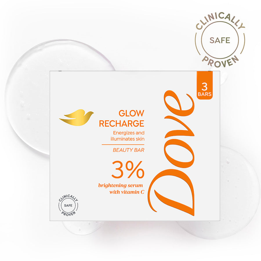 Dove Glow Recharge Exfoliating Beauty Bar with 3% Brightening serum + Vitamin C, 375g (125g x 3)