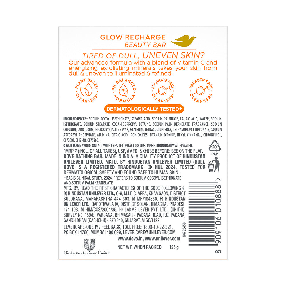 Dove Glow Recharge Exfoliating Beauty Bar with 3% Brightening serum + Vitamin C, 125 g