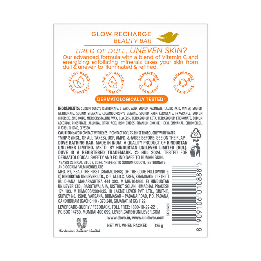 Dove Glow Recharge Exfoliating Beauty Bar with 3% Brightening serum + Vitamin C, 125 g