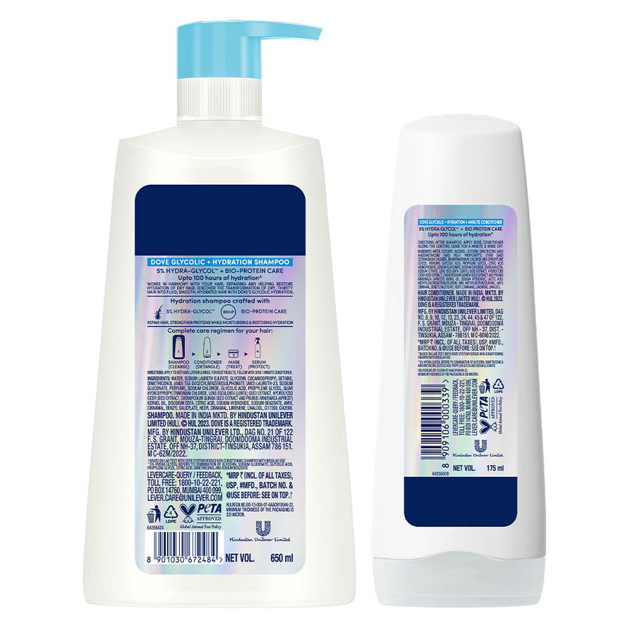 Dove Glycolic Hydration XL Shampoo - 650ml & Dove Glycolic Hydration Conditioner - 175ml