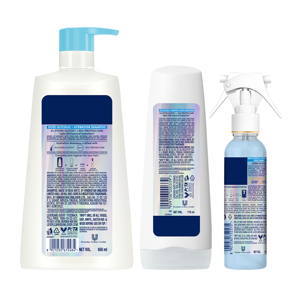 Dove Glycolic Hydration XL Shampoo - 650ml & Conditioner - 175ml & Serum Spray - 110ml