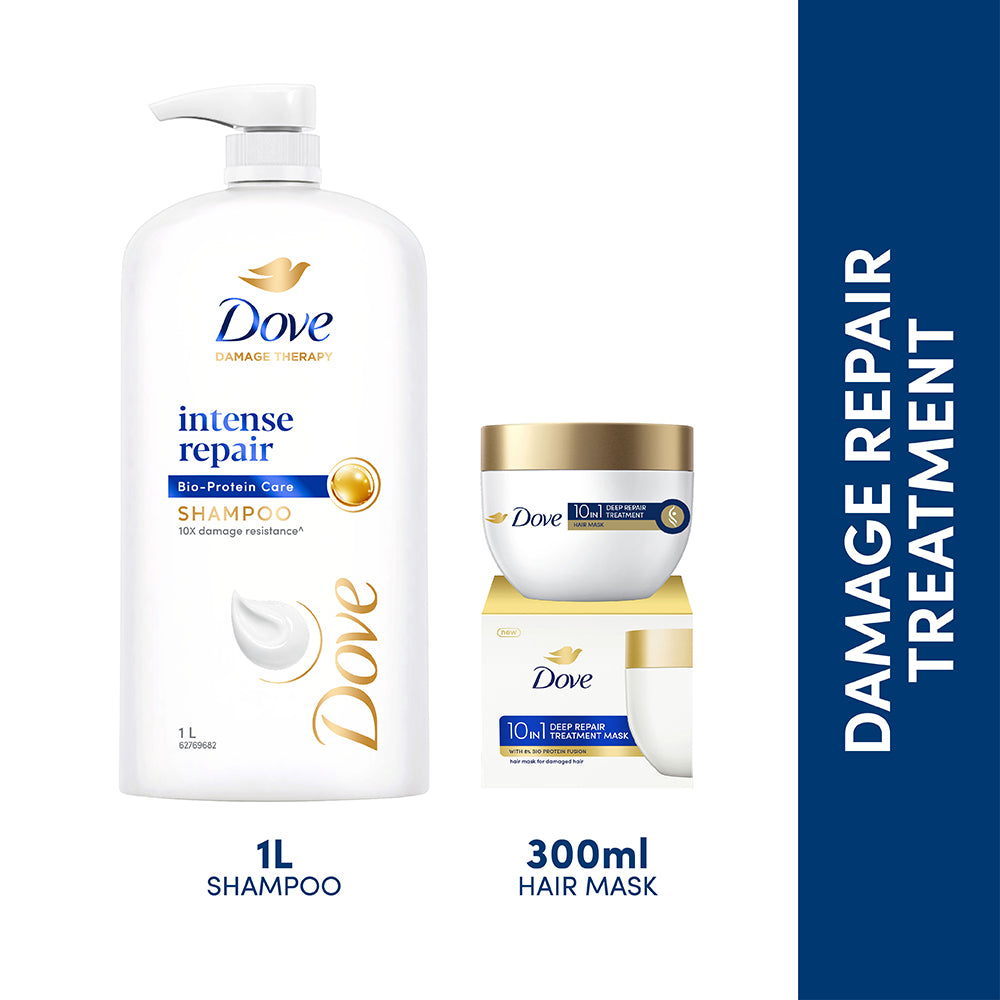 Dove Intense Repair Shampoo 1L & Dove 10 in 1 Deep Repair Treatment Hair Mask 300 ml, for damaged hair