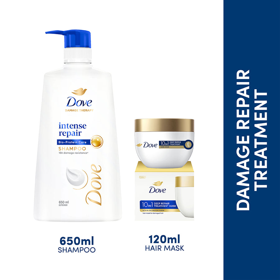 Dove Intense Repair Shampoo 650ml & Dove 10 in 1 Deep Repair Treatment Hair Mask 120 ml, for damaged hair (Combo Pack)