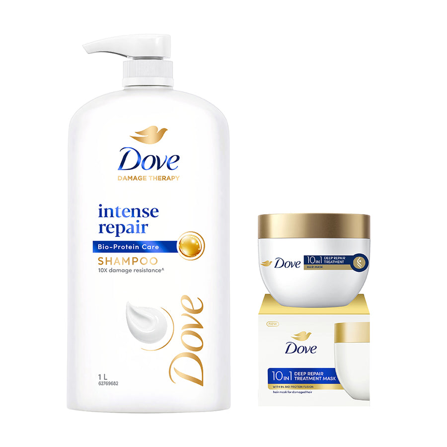 Dove Intense Repair Shampoo 1L & Dove 10 in 1 Deep Repair Treatment Hair Mask 300 ml, for damaged hair