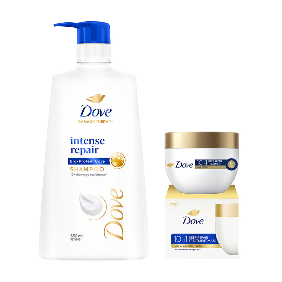 Dove Intense Repair Shampoo 650ml & Dove 10 in 1 Deep Repair Treatment Hair Mask 120 ml, for damaged hair (Combo Pack)