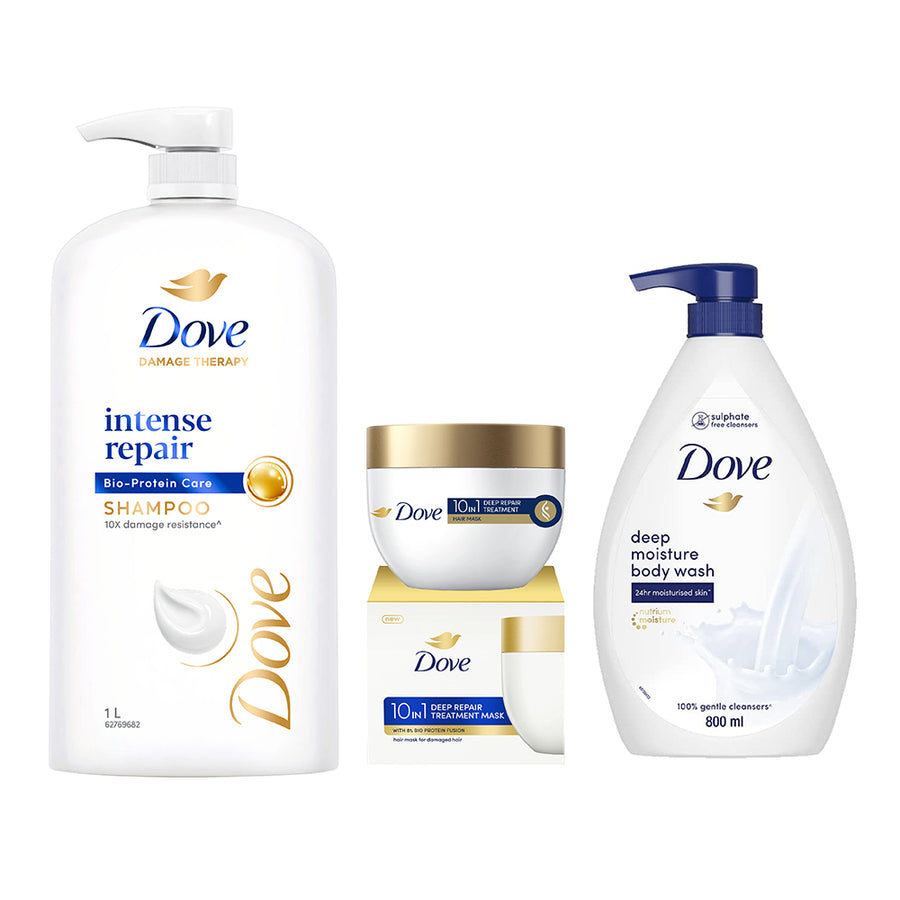 Dove Intense Repair Shampoo 1L, Hair Mask 300ml & Deeply Nourishing Body Wash 800ml (Combo Pack)